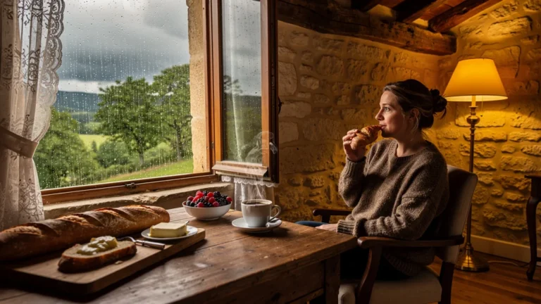 Chambre d'hôtes cosy sous la pluie à Siorac, moment gourmand et ambiance apaisante