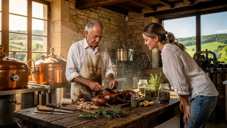 Visite immersive d'une conserverie de canard en Périgord, tradition et savoir-faire authentique en image réaliste