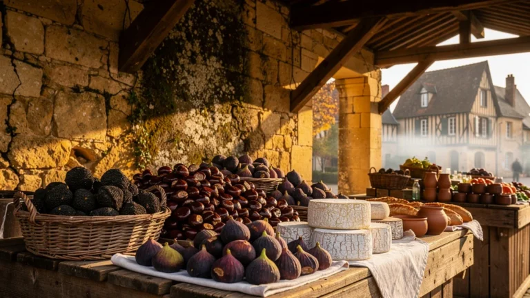 Marché couvert de Sarlat un samedi matin avec truffes et produits locaux du Périgord Noir