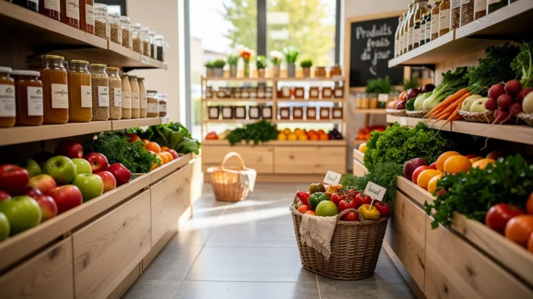 Intérieur hyper-réaliste du magasin Biocoop Blagnac avec étalages de produits bio frais et ambiance naturelle