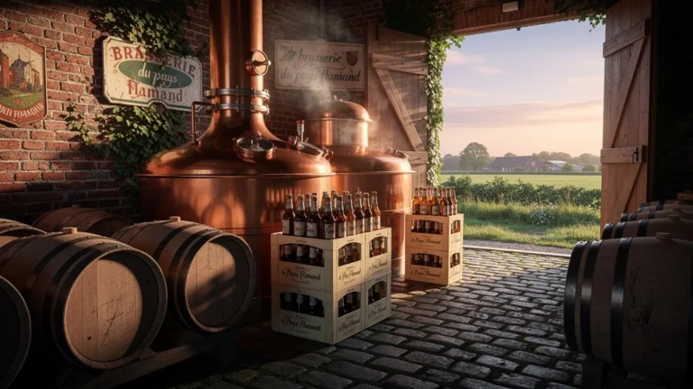 Vue hyper-réaliste d’une brasserie du pays flamand traditionnelle avec cuves en cuivre et bouteilles artisanales