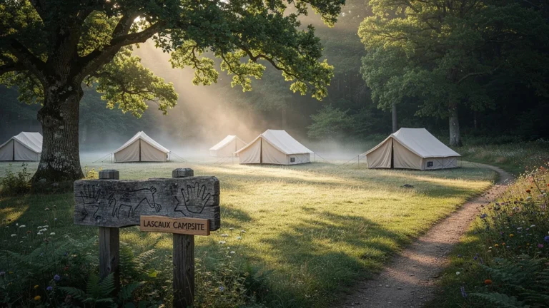 Camping Lascaux au lever du jour, forêt ancienne et tentes dans une clairière paisible, ambiance naturelle et authentique