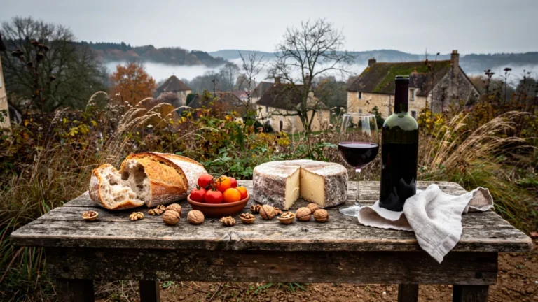 Table paysanne rustique autour de Sarlat en basse saison avec produits locaux authentiques