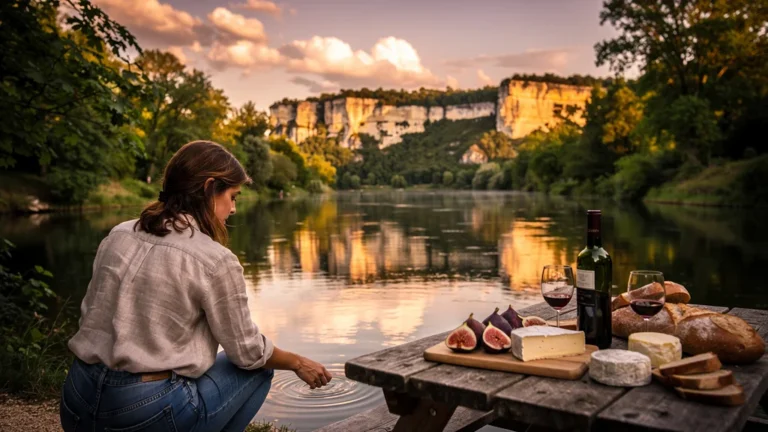 Scène paisible au bord de la rivière en Dordogne avec paysages naturels et produits locaux à découvrir