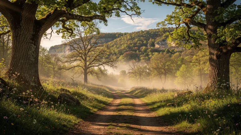 Chemin naturel vers la grotte de Lascaux entouré de forêt au lever du soleil, itinéraire calme et détaillé
