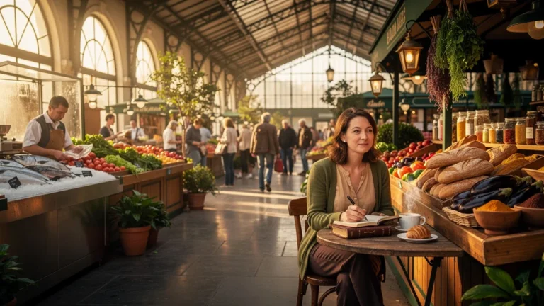 Intérieur hyper-réaliste de la Halle du Sud avec marché animé et ambiance gastronomique chaleureuse