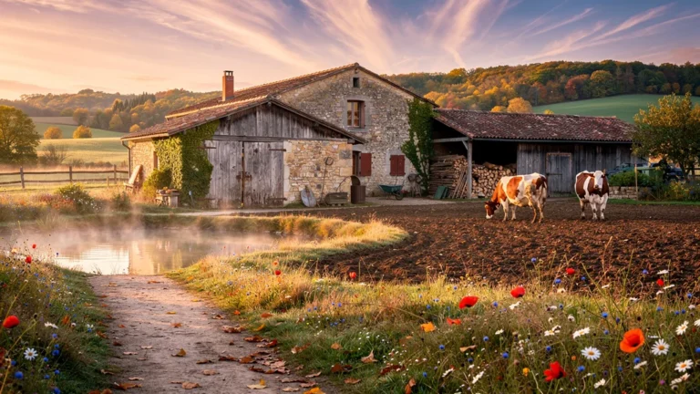 Vue hyperréaliste de la ferme des Aubriais au coucher de soleil avec bâtiments anciens et pâturages paisibles