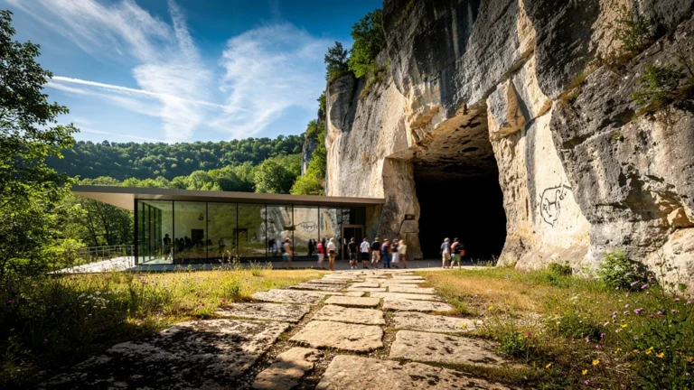 Entrée de la grotte de Lascaux IV en juillet avec visiteurs et centre moderne sous un ciel d’été lumineux