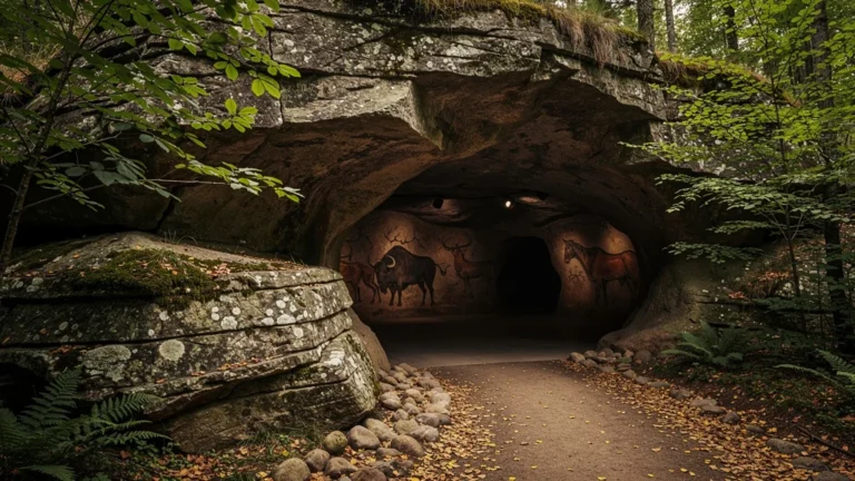 Entrée hyperréaliste de Lascaux 2, réplique des peintures rupestres préhistoriques en pleine nature