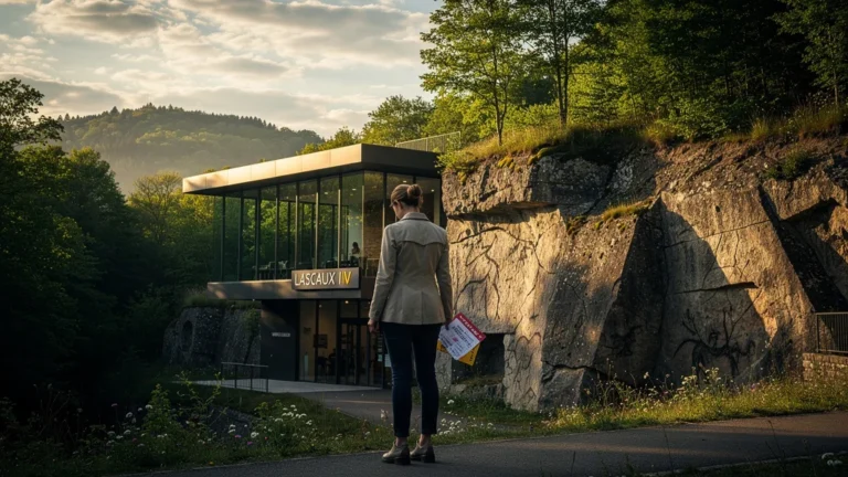 Entrée du site Lascaux IV avec femme déçue tenant un billet perdu, lumière dorée et ambiance automnale