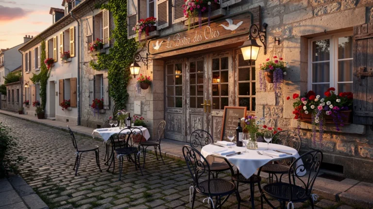 Façade du Bistro des Oies, bistro français charmant sur rue pavée aux lumières dorées du soir