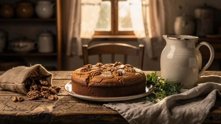 Gâteau aux noix fermier rustique sur table en bois dans cuisine chaleureuse et lumineuse