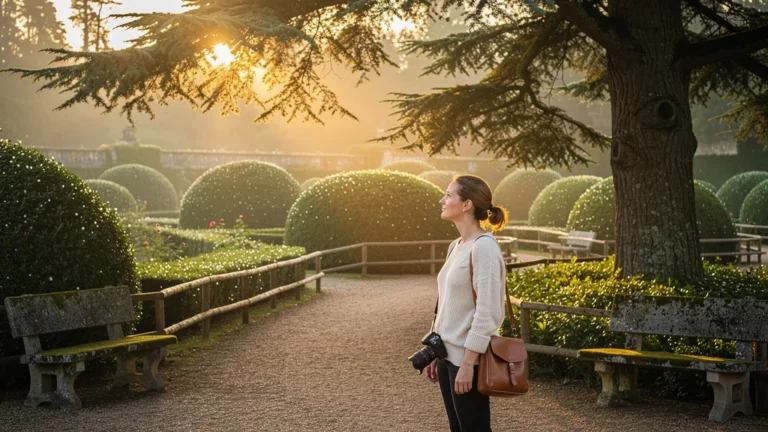 Matin paisible aux jardins de Marqueyssac avec lumière dorée et végétation sculptée en hyper-réalisme
