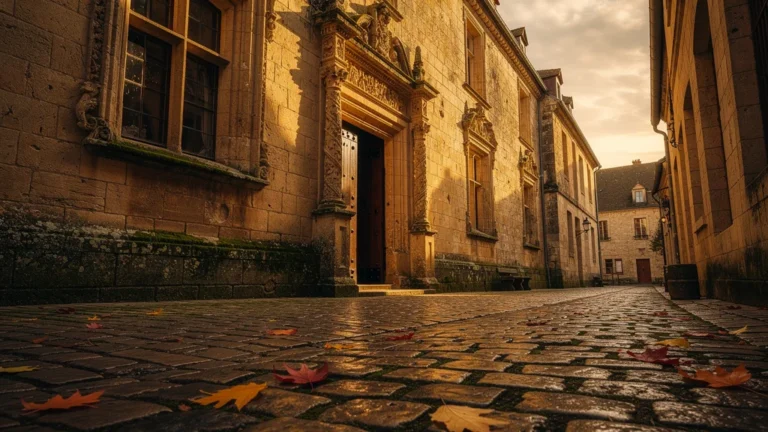 Façade historique du Presidial de Sarlat sous lumière dorée, architecture médiévale en détail ultra-réaliste