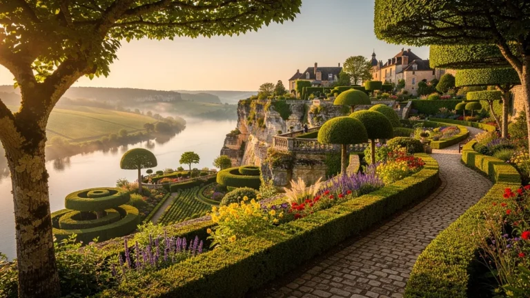 Vue hyperréaliste des jardins de Marqueyssac avec ses buis taillés et panorama sur la Dordogne