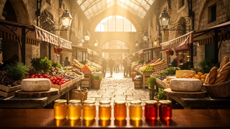 Marché couvert de Sarlat animé avec étals de produits frais et ambiance authentique en lumière naturelle