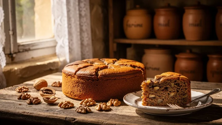 Photographie ultra-réaliste du meilleur gâteau aux noix de Sarlat sur table rustique en lumière naturelle