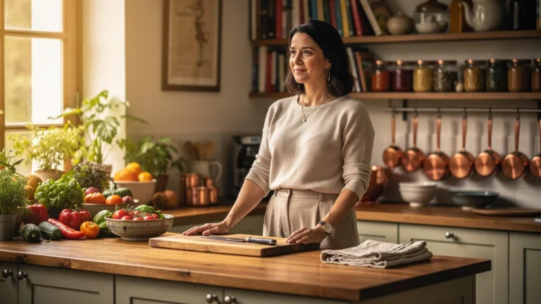 Portrait hyper-réaliste d'une rédactrice culinaire féminine dans une cuisine chaleureuse, ambiance authentique et réfléchie