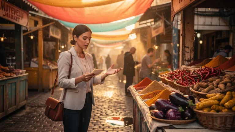 Scène photoréaliste du marché Mutevelli avec une acheteuse attentive entourée de produits frais colorés