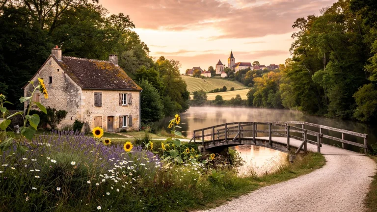 Paysage hyper-réaliste du Périgord Noir Dordogne au coucher du soleil avec rivière, forêt et maison en pierre