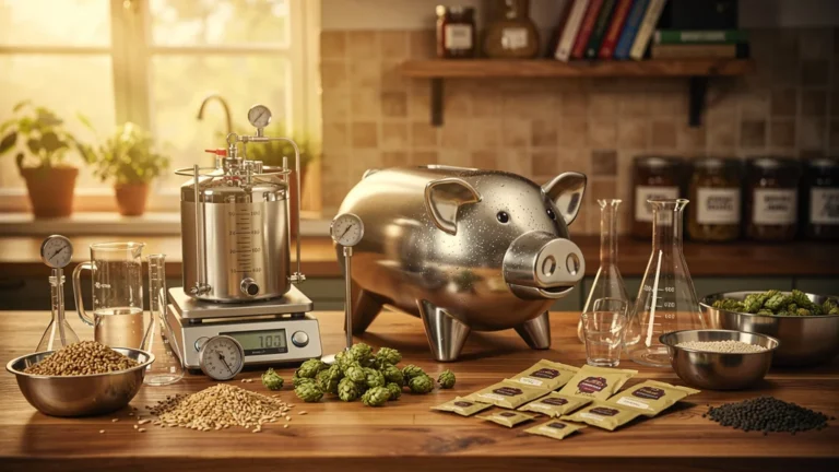 Station de brassage piggy brewing moderne avec équipement détaillé en lumière naturelle dorée