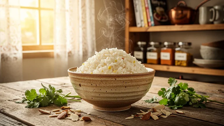 Bol de riz savoureux dans cuisine rustique moderne avec lumière chaude et ambiance accueillante