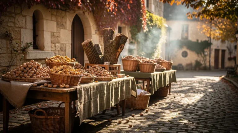 Marché authentique du Périgord avec trois étals de noix fraîches sous lumière dorée d’automne