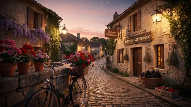 Rue pavée du Périgord au crépuscule en août, devant une table de restaurant introuvable le soir