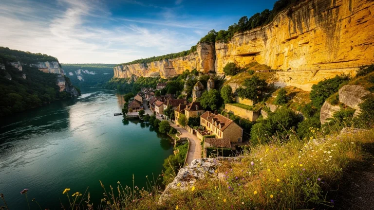 Descente vers La Roque-Gageac au bord de la Dordogne, falaises dorées et rivière émeraude en lumière naturelle