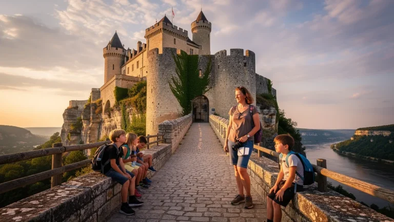 Visite fatigante du château de Beynac avec enfants épuisés au coucher du soleil, ambiance réaliste et chaleureuse